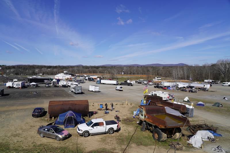 An aerial view of the remnants of the People's Convoy at Hagerstown Speedway.