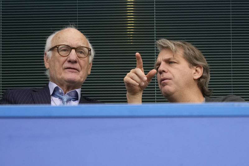 New Chelsea owner Todd Boehly, right, with chairman Bruce Buck at Stamford Bridge during the match against Wolves on Saturday, May 7, 2022. AP