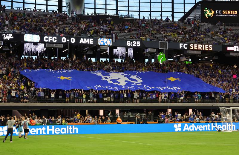 Chelsea fans raise a banner prior to the pre-season friendly match at Allegiant Stadium. AFP
