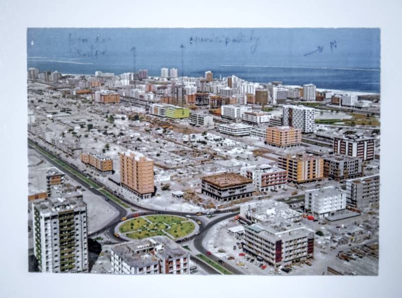 An annotated photo from Dr Makhlouf's book shows plans for Downtown Abu Dhabi and its Corniche. Victor Besa / The National