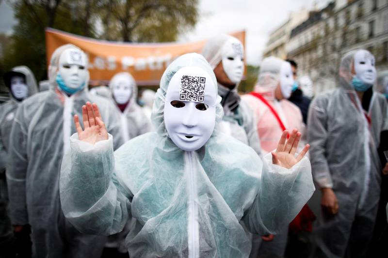 Supporters of French nationalist party Les Patriotes protest in Paris, France, against government economic and social policies to mitigate the effects of the pandemic. Reuters