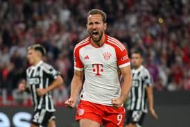 MUNICH, GERMANY - SEPTEMBER 20: Harry Kane of Bayern Munich celebrates after scoring their sides third goal from the penalty spot during the UEFA Champions League match between FC Bayern München and Manchester United at Allianz Arena on September 20, 2023 in Munich, Germany. (Photo by Matthias Hangst / Getty Images)