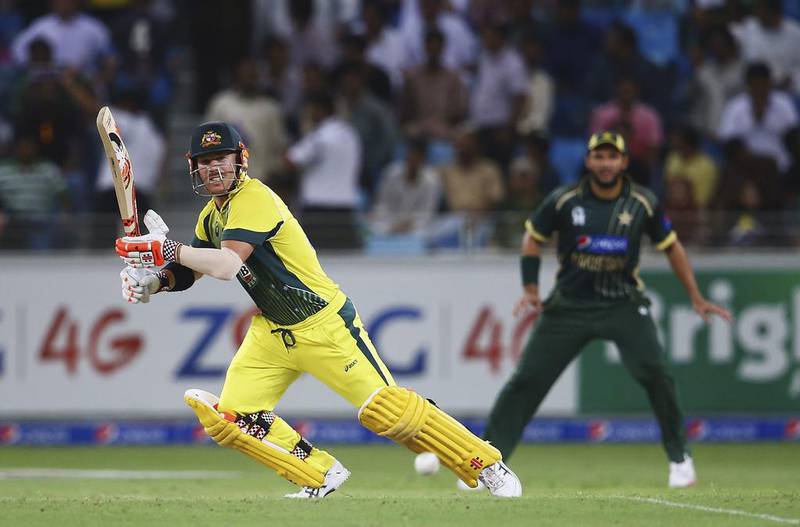 David Warner of Australia bats during the second match of the one day international series between Australia and  Pakistan at Dubai Sports City Cricket Stadium on October 10, 2014 in Dubai, United Arab Emirates. Francois Nel/Getty Images