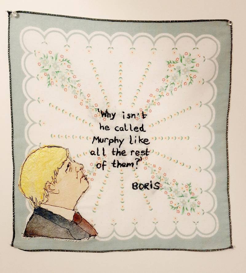 The Tiny Pricks Project UK, which focuses on Boris Johnson and his statements, was started this year. Textile work by Karena Ryan. Courtesy Tiny Pricks Project