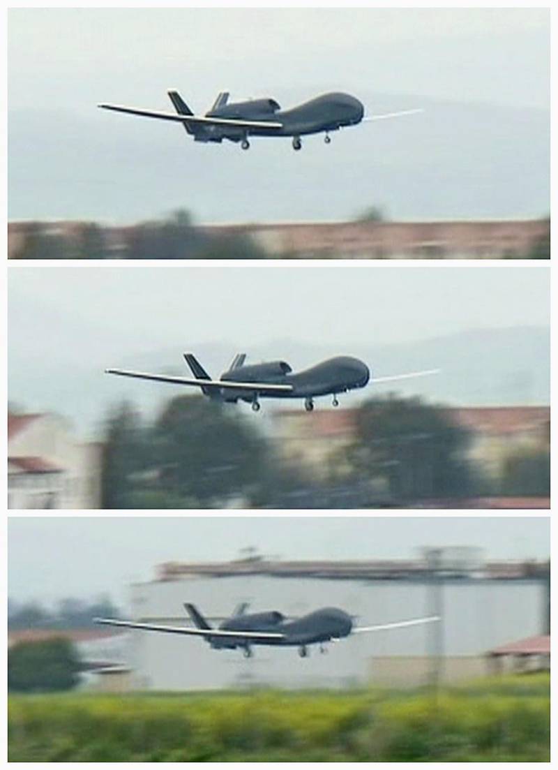 FILE PHOTO: This combination photo shows a U.S. military Global Hawk drone taking off from Sigonella NATO Airbase in the southern Italian island of Sicily March 20, 2011, in this still image taken from video. REUTERS/REUTERS TV/File Photo
