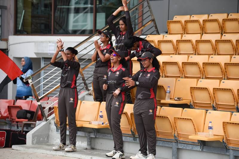 Esha Oza's UAE teammates applaud after she reached a half-century against Qatar at the ACC Women's T20 Championship in Kuala Lumpur. Courtesy Malaysia Cricket Asssociation