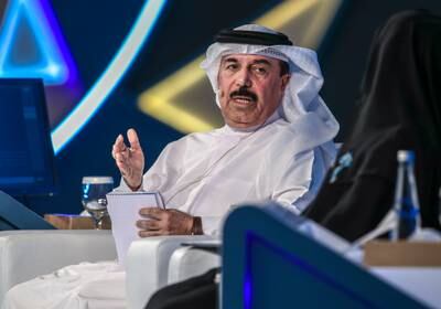 Emirati writer Ali Obaid Al Hameli speaking during the early morning panel discussion 'UAE Under the Leadership of President Sheikh Mohamed.'