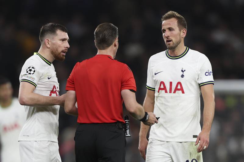 Referee Danny Makkelie talks to Tottenham's Pierre-Emile Hojbjerg and Harry Kane  after Kane's goal was disallowed for offside. AP