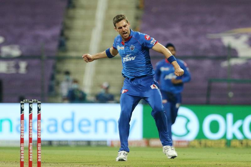 Anrich Nortje of Delhi Capitals  celebrates the wicket of Chris Morris of Royal Challengers Bangalore during match 55 of season 13 of the Dream 11 Indian Premier League (IPL) between the Delhi Capitals and the Royal Challengers Bangalore at the Sheikh Zayed Stadium, Abu Dhabi in the United Arab Emirates on the 2nd November 2020.  Photo by: Vipin Pawar  / Sportzpics for BCCI