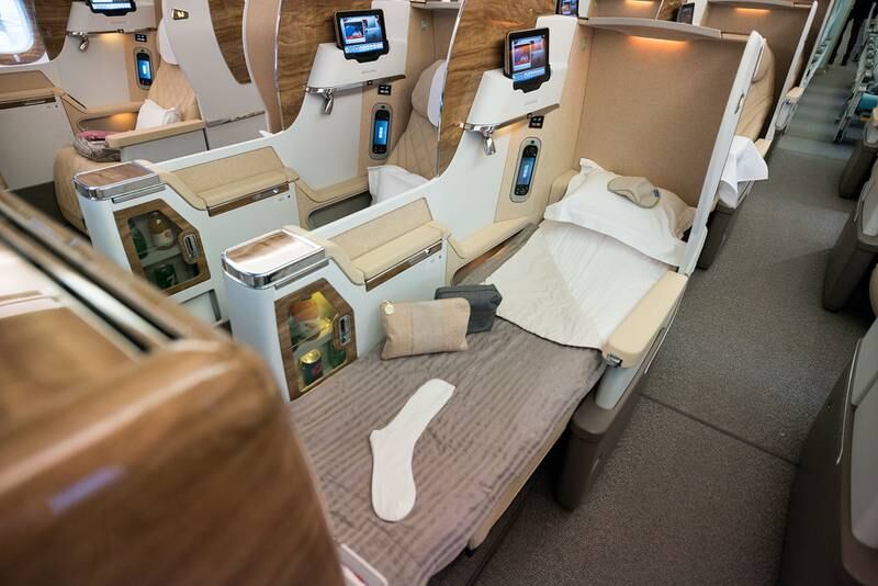 Emirates business class. The Dubai airline scored particularly highly for airport experience, entertainment and amenities. Emirates and Etihad tied in fifth place. Photo: Emirates
