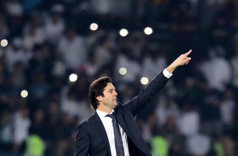 Abu Dhabi, United Arab Emirates - December 19, 2018: Real Madrid manager Santiago Solari during the game between Real Madrid and Kashima Antlers in the Fifa Club World Cup semi final. Wednesday the 19th of December 2018 at the Zayed Sports City Stadium, Abu Dhabi. Chris Whiteoak / The National