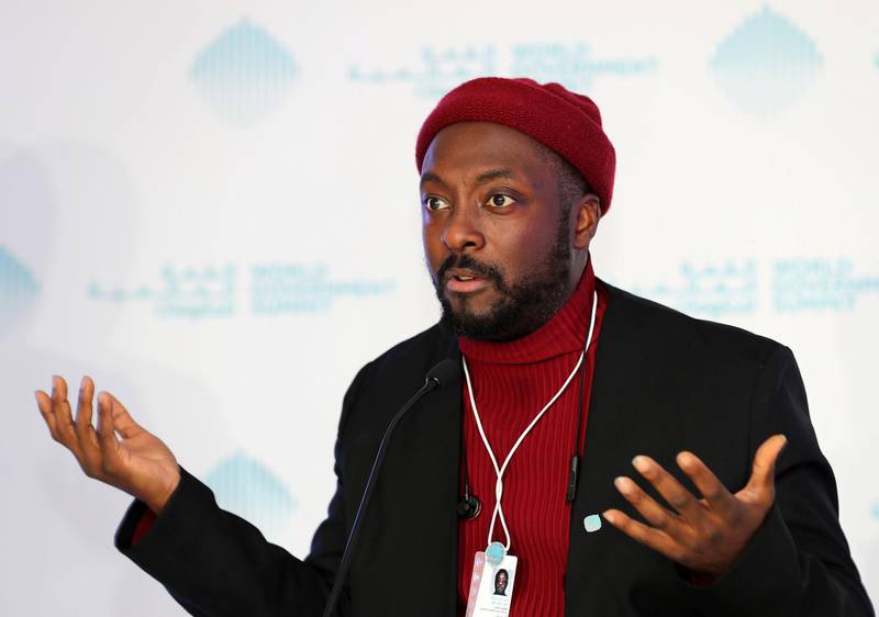Dubai, United Arab Emirates - February 10, 2019: Will i am, founder of I.AM and Alain Bejjani, CEO at Majid Al Futtaim at the official launch of Omega platform during day 1 at the World Government Summit. Sunday the 10th of February 2019 at Madinat, Dubai. Chris Whiteoak / The National