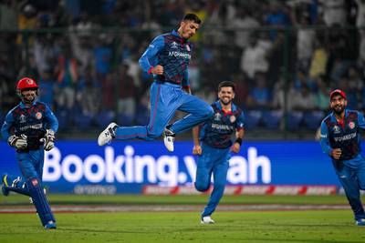 Afghanistan's Mujeeb ur Rahman after taking the wicket of England's Chris Woakes. AFP