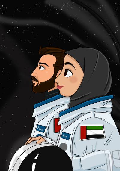 A drawing of the UAE's two new astronauts, Mohammed Al Mulla and Nora Al Matrooshi, created by Emirati artist Saeed Al Emadi