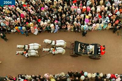 2004: The queen arrives in her horsedrawn carriage to attend Ladies Day at Royal Ascot.