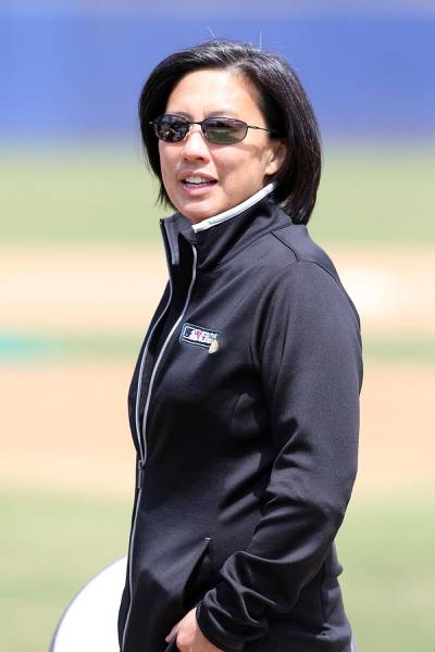 epa08818972 A handout photo made available by Major League Baseball (MLB) showing Kim Ng looks on during the opening ceremonies at Academy Stadium during the Trailblazer Series at the MLB Youth Academy, in Compton, California, USA, 14 April 2017 (Issued 13 November 2020). The Miami Marlins hired Kim Ng as their new General Manager, making her the first female, and the first Asian-American general manager in the history of MLB.  EPA/Rob Leiter / MLB Photos HANDOUT  HANDOUT EDITORIAL USE ONLY/NO SALES