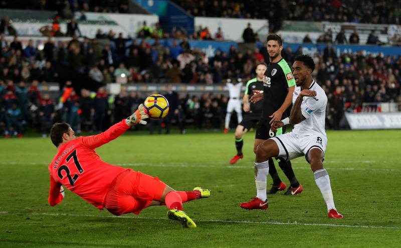 Soccer Football - Premier League - Swansea City vs AFC Bournemouth - Liberty Stadium, Swansea, Britain - November 25, 2017   Swansea City's Leroy Fer in action with Bournemouth's Asmir Begovic    Action Images via Reuters/Matthew Childs    EDITORIAL USE ONLY. No use with unauthorized audio, video, data, fixture lists, club/league logos or "live" services. Online in-match use limited to 75 images, no video emulation. No use in betting, games or single club/league/player publications. Please contact your account representative for further details.?