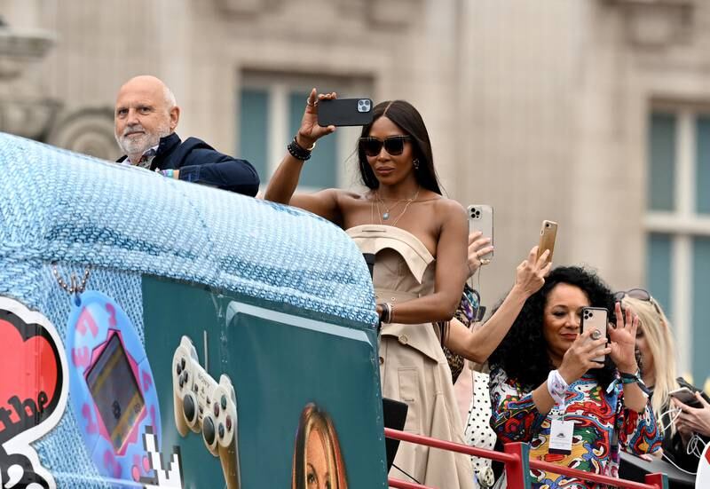 Naomi Campbell and Kanya King on a bus as part of the pageant. Getty