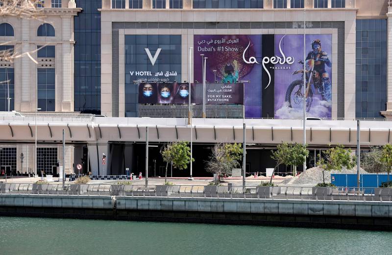 Dubai, United Arab Emirates - Reporter: N/A: Photo Project. Artist Maitha Demithan has her work show all over Dubai to encourage people to stay at home. Thursday, April 15th, 2020. Dubai Canal on Sheikh Zayed Road, Dubai. Chris Whiteoak / The National