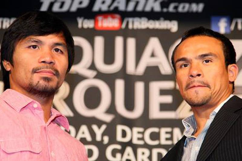 Manny Pacquiao and Juan Manuel Marquez face the media during their promotional tour ahead of the December bout in Las Vegas