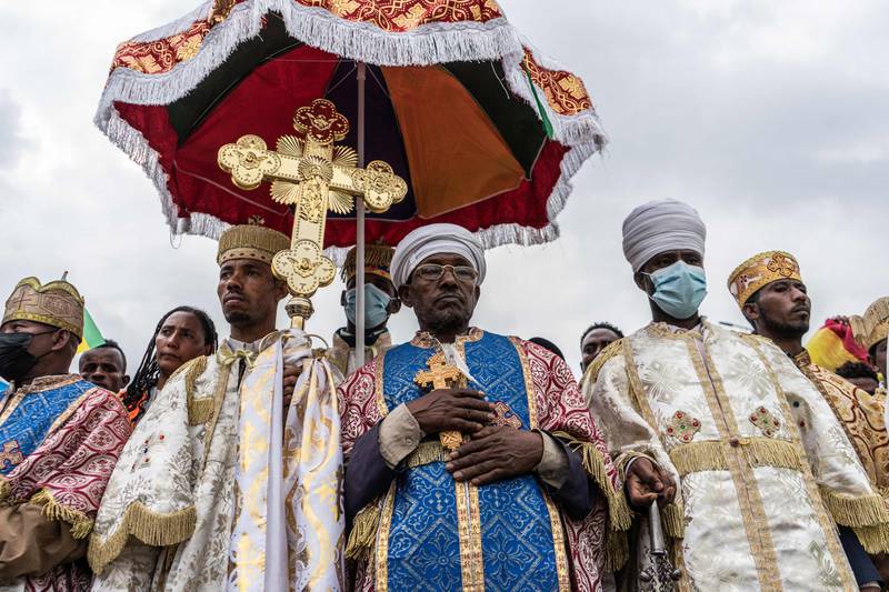 High priests from Ethiopia's Orthodox Christian religion look on during a rally against the Tigray People's Liberation Front. Tens of thousands of Ethiopians gathered at the rally, organised by the mayor of Addis Ababa to show support for the military's efforts in the Tigray region.