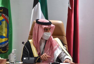 Saudi Foreign Minister Prince Faisal bin Farhan Al Saud holds a press conferece. AFP
