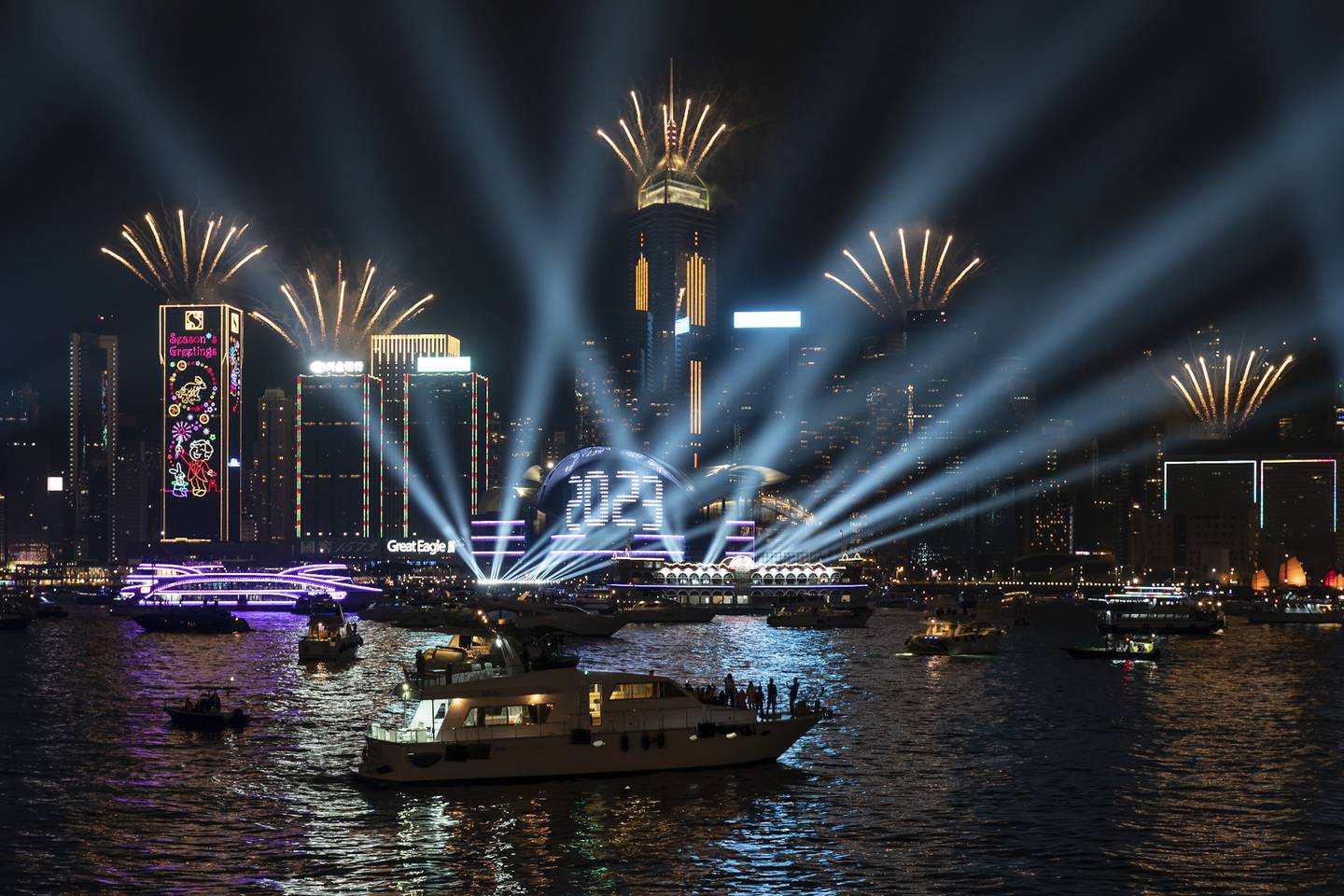 Fireworks are seen over Victoria Harbour at midnight on New Years Sunday January 1, 2023 in Hong Kong. AP