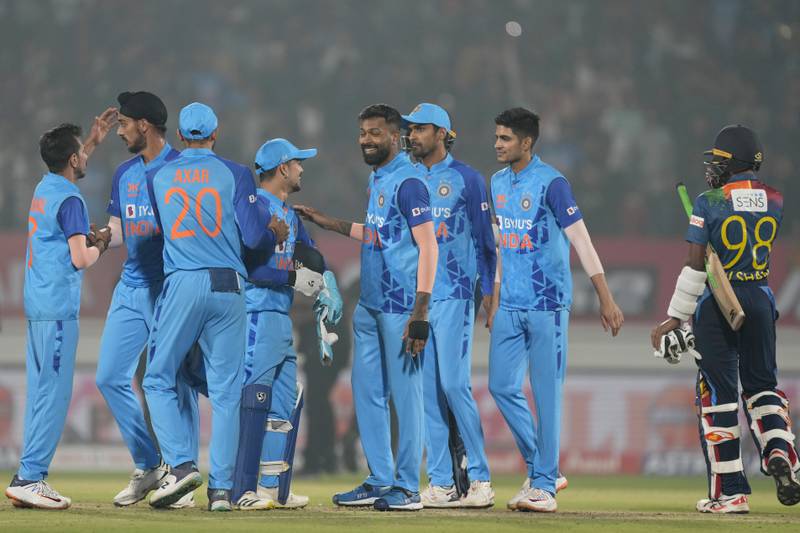 India's captain Hardik Pandya, fourth right, celebrates with teammates after their win in the third T20 cricket match against Sri Lanka, in Rajkot, India, Saturday, Jan.  7, 2023.  (AP Photo / Ajit Solanki)