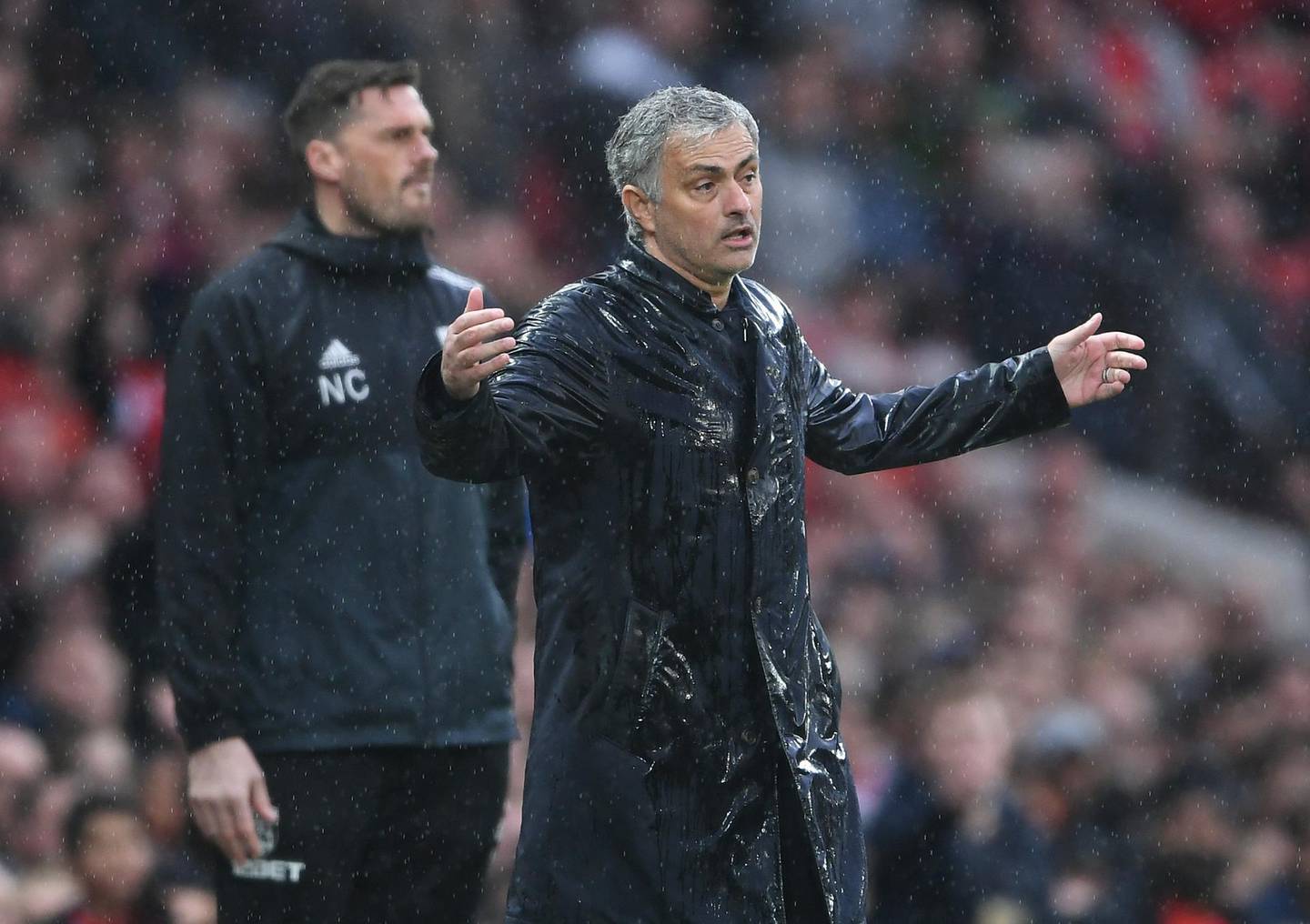 MANCHESTER, ENGLAND - APRIL 15:  Jose Mourinho, Manager of Manchester United reacts during the Premier League match between Manchester United and West Bromwich Albion at Old Trafford on April 15, 2018 in Manchester, England.  (Photo by Laurence Griffiths/Getty Images)