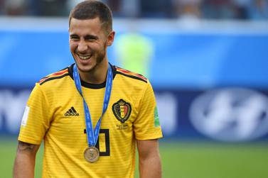 (FILES) A picture taken on July 14, 2018 at the Saint Petersburg Stadium in Saint Petersburg  shows Belgium's forward Eden Hazard celebrating at the end of Russia 2018 World Cup play-off for third place football match between Belgium and Englandafter scoring a goal.  Belgian attacking midfielder Eden Hazard announced his retirement on October 10, 2023 after failing to find another club following his release by Real Madrid.  (Photo by Paul ELLIS  /  AFP)  /  RESTRICTED TO EDITORIAL USE - NO MOBILE PUSH ALERTS / DOWNLOADS