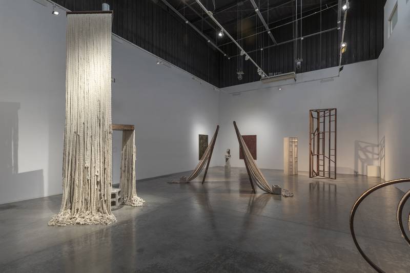 Sculptural works in the exhibition are made of rope, stained wood, bobby pins and even concrete cinderblocks. Photo: Seeing Things