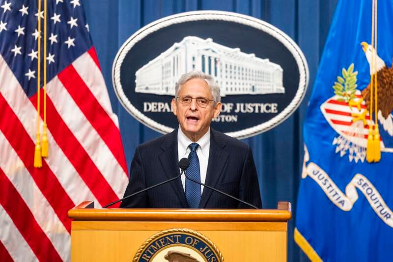 US Attorney General Merrick Garland speaks at the Justice Department in Washington. EPA