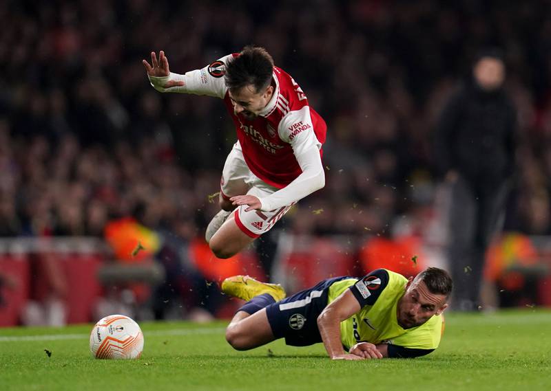 FC Zurich's Fidan Aliti earns a yellow card for this challenge on Arsenal's Fabio Vieira of Arsenal. PA