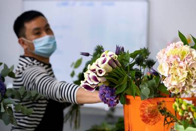 Dubai, United Arab Emirates - Reporter: N/A. Coronavirus/Covid-19. Florists at Florette prepare flowers and bouquets for delivery with Covid-19 prevention measures in place. Tuesday, August 18th, 2020. Dubai. Chris Whiteoak / The National