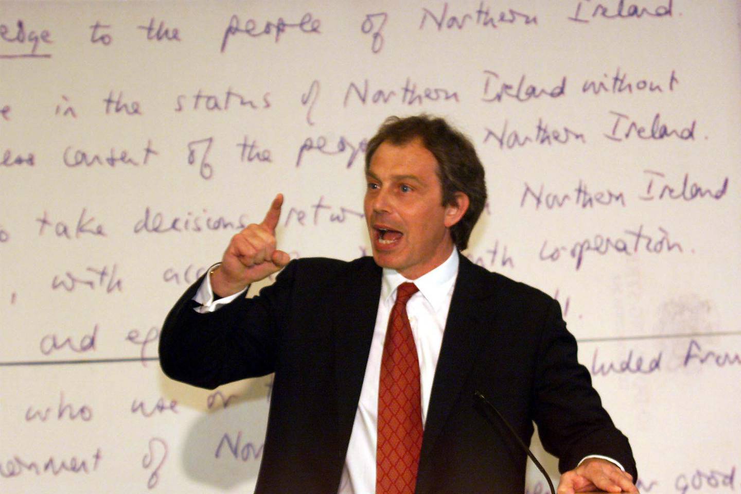 Tony Blair speaks at the University of Ulster, Coleraine, arguing his case for the Yes vote in the peace referendum in 1998. PA