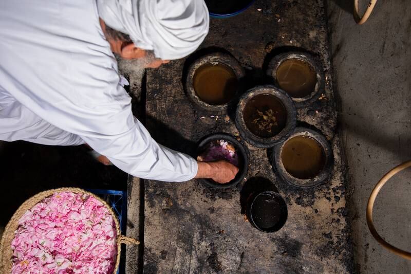 Al-Thani's system uses a bowl heated by a central gas fire. The condensation produces smoky rosewater. 