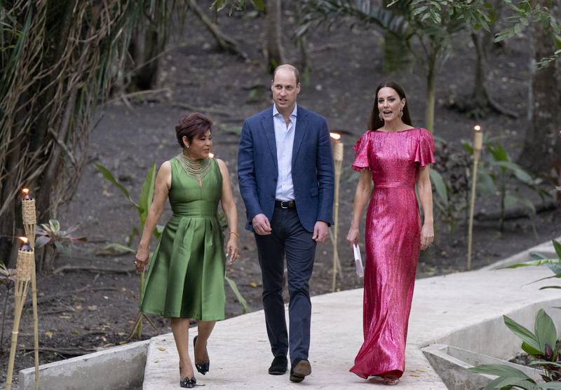 The couple arrive for a reception hosted by the Governor General of Belize Froyla Tzalam at the Mayan ruins.