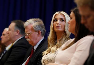 White House senior adviser Ivanka Trump listens as she sits beside US Vice President Mike Pence, Secretary of State Mike Pompeo, National Security Adviser John Bolton and White House Press Secretary Sarah Huckabee Sanders during US President Donald Trump's bilateral meeting with South Korean President Moon Jae-in. Reuters