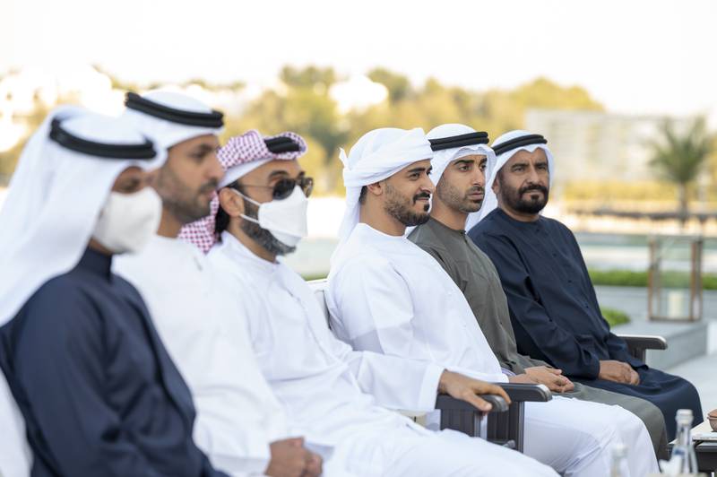 Sheikh Hamdan bin Mohamed (2nd R) and Sheikh Zayed bin Mohamed (3rd R), at the meeting at Al Shati Palace. 