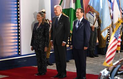 US President Joe Biden with President Isaac Herzog and Mrs Michal Herzog in Jerusalem. AFP
