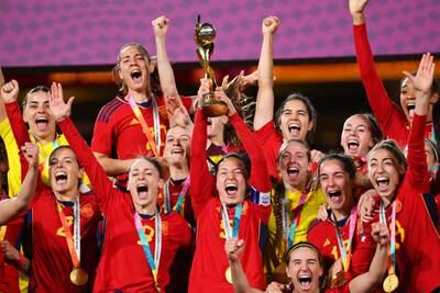 Ivana Andres of Spain and teammates celebrate with the trophy after beating England 1-0 in the Women's World Cup final at Stadium Australia on August 20, 2023. Getty 
