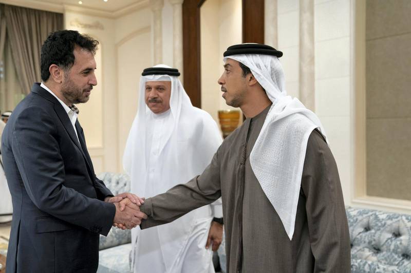 ABU DHABI, UNITED ARAB EMIRATES - November 20, 2019: HE Asadullah Khalid, Minister of Defense of Afghanistan (L) offers condolences to HH Sheikh Mansour bin Zayed Al Nahyan, UAE Deputy Prime Minister and Minister of Presidential Affairs (R) on the passing of the late HH Sheikh Sultan bin Zayed Al Nahyan, at Al Mushrif Palace. 

( Eissa Al Hammadi for the Ministry of Presidential Affairs )
---