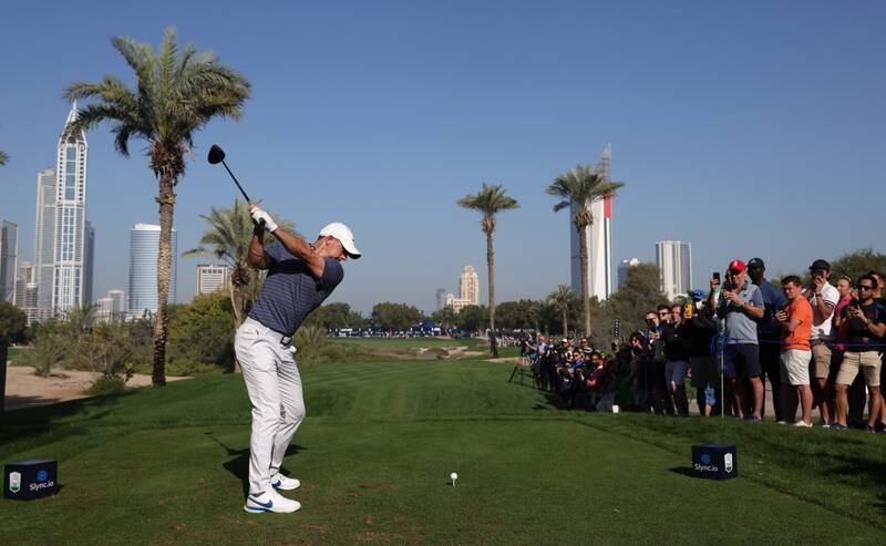 Rory McIlroy plays his tee shot on the 16th hole. Getty 