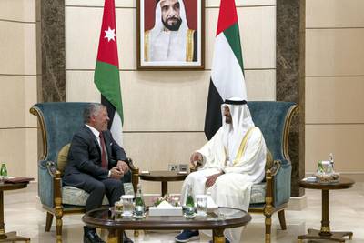 ABU DHABI, UNITED ARAB EMIRATES - July 27, 2018: HH Sheikh Mohamed bin Zayed Al Nahyan, Crown Prince of Abu Dhabi and Deputy Supreme Commander of the UAE Armed Forces (R), meets with HM King Abdullah II, King of Jordan.

( Rashed Al Mansoori / Ministry of Presidential Affairs )
---