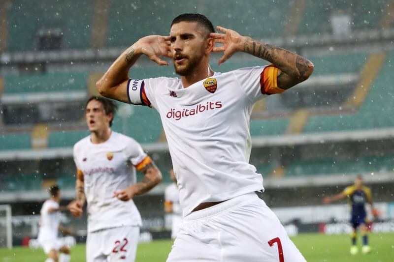 Lorenzo Pellegrini celebrates after scoring Roma's first goal. Getty