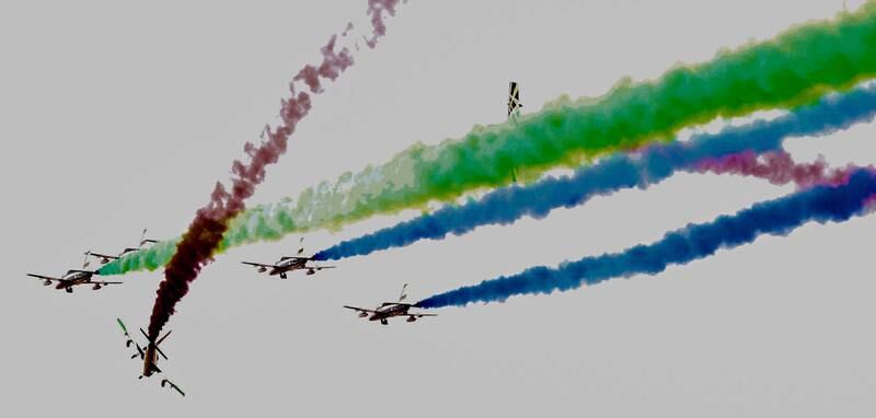 Members of Al Fursan aerobatics demonstration team of the UAE perform a flyover at the Dubai Airshow 2021. The aviation sector is in rude health. EPA