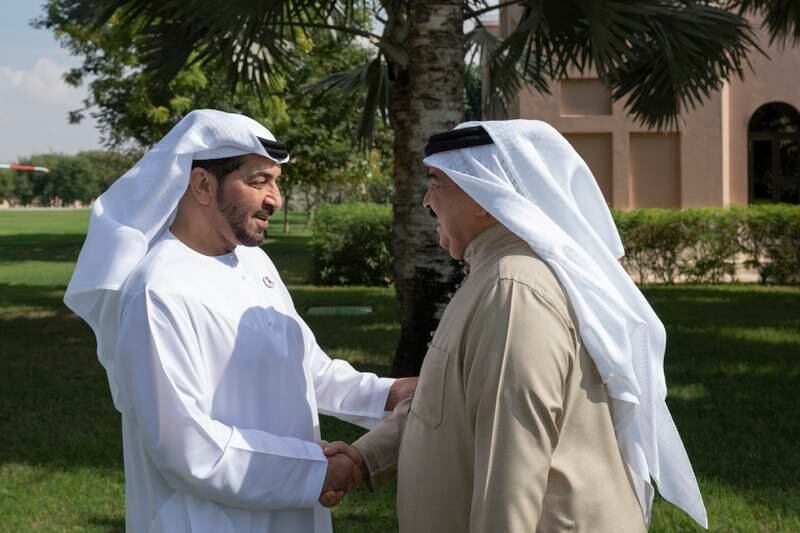 Sheikh Hamdan bin Zayed, Ruler’s Representative in Al Dhafra Region, greets King Hamad 