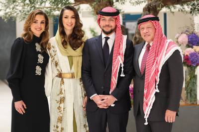 From left, Queen Rania, Al Saif, Prince Hussein and King Abdullah II at the engagement ceremony