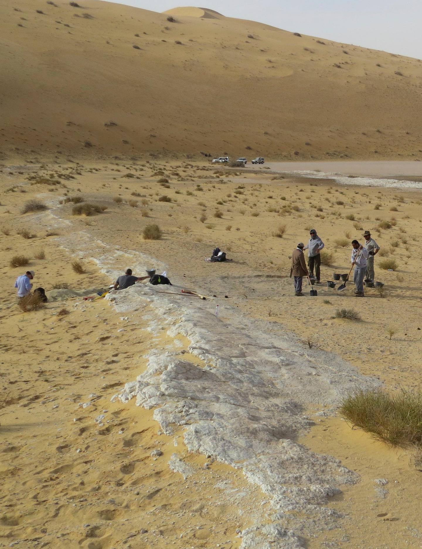 This 2016 photo provided by Michael Petraglia shows a general view of the excavations at the Al Wusta archaeological site in Saudi Arabia. The ancient lake bed (in white) is surrounded by sand dunes of the Nefud Desert. In a report released on Monday, April 9, 2018, researchers say a fossil finger bone found here provides a new clue about when and how our species migrated out of Africa, with hunter-gatherers reaching this area by 85,000 years ago. (Michael Petraglia via AP)