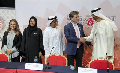 ABU DHABI , UNITED ARAB EMIRATES , March 21 – 2019 :- Left to Right – Tala Al Ramahi , Chief Strategy Officer, Special Olympics World Games Abu Dhabi 2019, Hessa Bint Essa Buhumaid, UAE Minister of Community Development, Mohammed Al Junaibi , Chairman of the Higher Committee for Special Olympics World Games Abu Dhabi 2019, Dr. Timothy Shriver, Chairman, Special Olympics International and Dr. Sultan Al Jaber, UAE Minister of State and CEO, ADNOC Group during the closing press conference of the Special Olympics World Games Abu Dhabi 2019 held at ADNEC in Abu Dhabi. ( Pawan Singh / The National ) For News. Story by Haneen